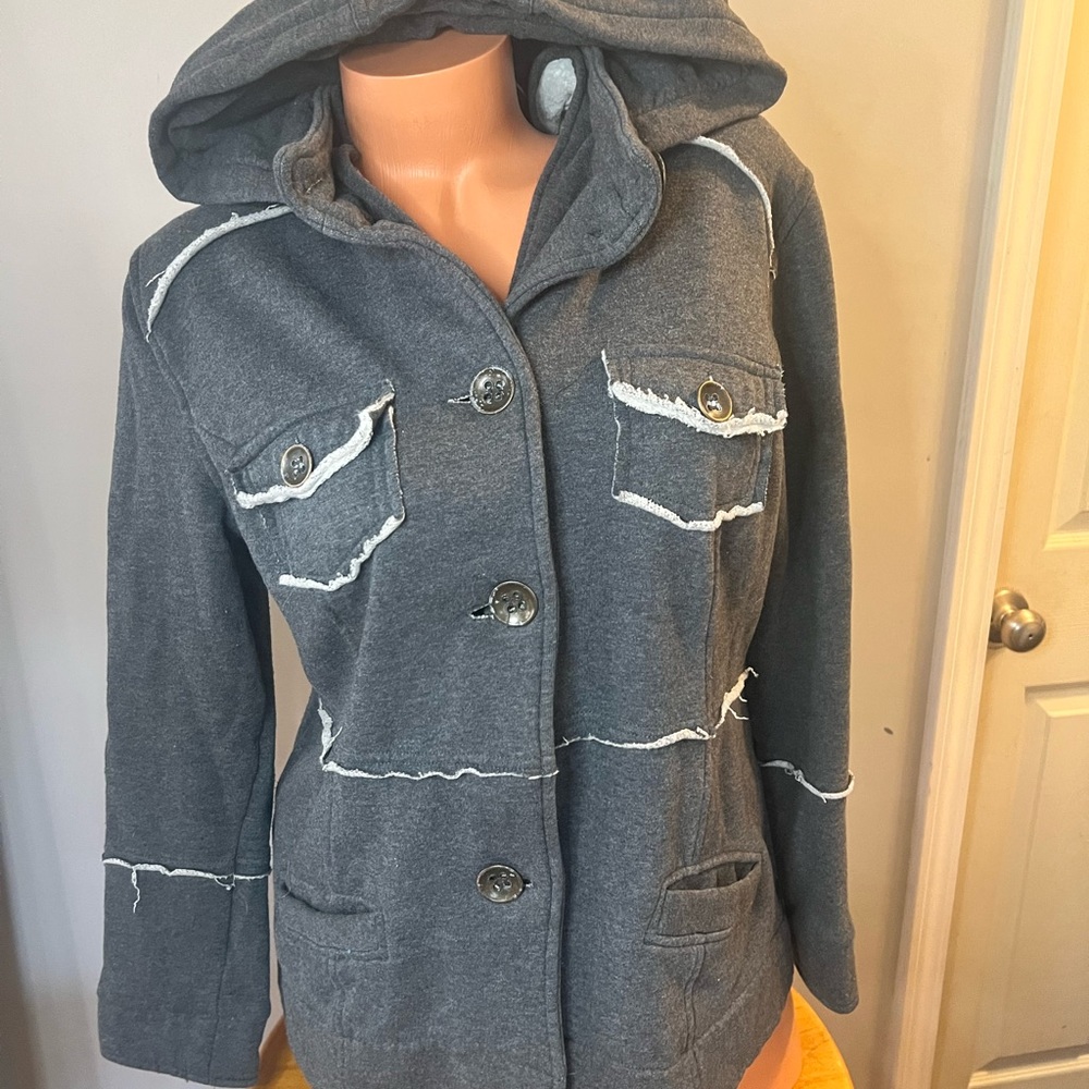 MOSSIMO Women’s Y2K Fleece Jacket XL Gray Hooded Raw Hem